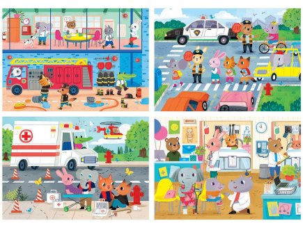 4 puzzles progressifs les pompiers - l'ecole - l'ambulance - a l'hopital 20 - 40 - 60 - 80 pieces - educa 18903