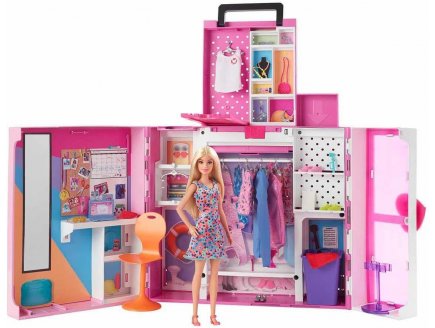 Barbie maison : le dressing transportable + accessoires - habits - v?tement - 1 poup?e mannequin - 35 ?l?ments - Mattel - hgx57