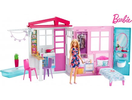 Barbie Maison transportable avec Piscine + 20 accessoires + 1 poupe mannequin - Mattel - FXG55