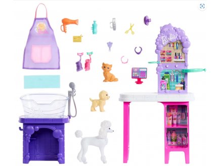 Barbie mtier : Animalerie / SPA des animaux de compagnie + 2 chiens + chat + accessoires - 16 pices - Mattel - HYR06