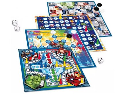 BOITE MULTIJEUX AVENGERS MARVEL 4 PLATEAUX : MARELLE, DAMES, PETITS CHEVAUX, ECHELLE - CARTAMUNDI