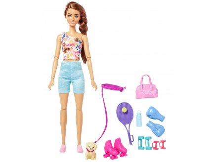 Coffret Barbie 3 en 1 Joueuse de Tennis - Rollers et Coach Sportif + Chien - 12 pièces - Poupée mannequin Sport Tennis - Mattel HKT91