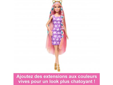 Coffret Barbie Blonde colorés extra-longs et robe rose brillant et 10 accessoires - Poupée mannequin - Mattel JDC85