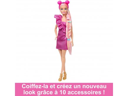 Coffret Barbie Blonde colorés extra-longs et robe rose brillant et 10 accessoires - Poupée mannequin - Mattel JDC85