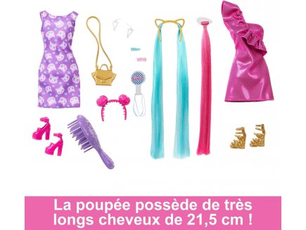 Coffret Barbie Blonde colorés extra-longs et robe rose brillant et 10 accessoires - Poupée mannequin - Mattel JDC85