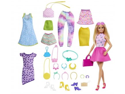Coffret Barbie Blonde et 6 tenues + 4 paires de chaussures + 14 accessoires - V�tement - Set Poup�e mannequin 25 pieces - Mattel HKB07