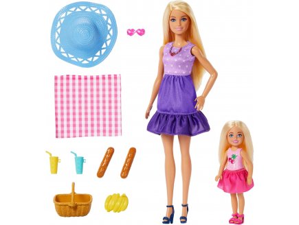 Coffret Barbie Blonde et Chelsea déjeunent dans la prairie avec 7 accessoires - Poupée mannequin - Mattel JBF43