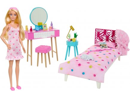 Coffret Barbie : la chambre  couch + coiffeuse + poupe mannequin + chat + 18 accessoires - Mattel - HPT55