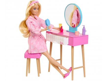 Coffret Barbie : la chambre  couch + coiffeuse + poupe mannequin + chat + 18 accessoires - Mattel - HPT55