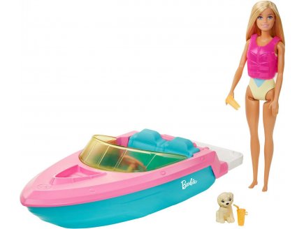 Coffret Barbie : le Hors Bord + poupe mannequin + chien + 3 accessoires - Bateau - Mattel - GRG30