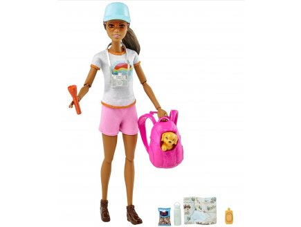 Coffret Barbie Randonn�e avec sac � dos et chien - 10 pi�ces - Poup�e mannequin vacance et loisir - Mattel HNC39