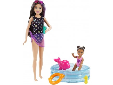 Coffret barbie skipper babysitter avec piscine + petite fille + 5 accessoires  - Mattel - grp39 - poupees et accessoires