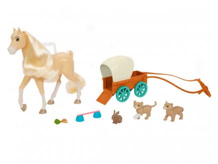 Coffret spirit : jument chica linda et sa petite carriole - cheval 20 cm + lapin + accessoires - Mattel