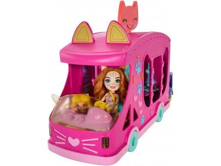 Enchantimals camion de mode 42 cm : poupe caddy cat et chat bucket + 27 accessoires - Mattel - hpd34