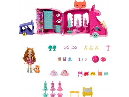 Enchantimals camion de mode 42 cm : poupe caddy cat et chat bucket + 27 accessoires - Mattel - hpd34