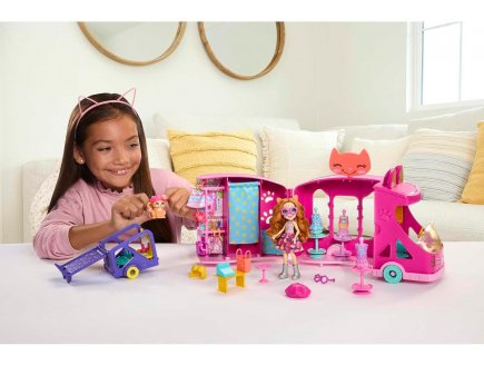 Enchantimals camion de mode 42 cm : poupe caddy cat et chat bucket + 27 accessoires - Mattel - hpd34