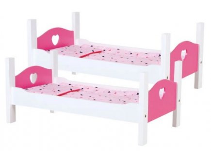Lits superposes en bois poupon coeur rose - lit double, jumeaux poupee - mobilier, accessoire