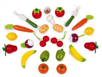 PANIER DE 24 FRUITS ET LEGUMES EN BOIS - JANOD - J05620 - DINETTE, MARCHANDE