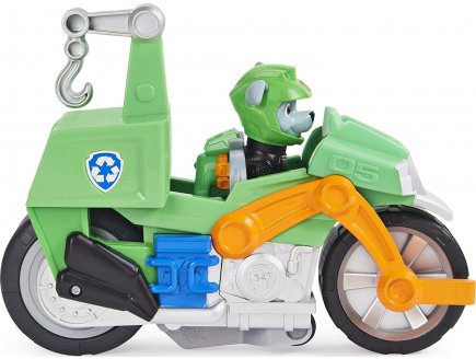 Pat patrouille moto pups : rocky avec sa moto de recyclage a retrofriction - figurine chien - vehicule de luxe - paw patrol - Spin master - 20129830