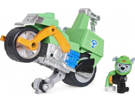Pat patrouille moto pups : rocky avec sa moto de recyclage a retrofriction - figurine chien - vehicule de luxe - paw patrol - Spin master - 20129830