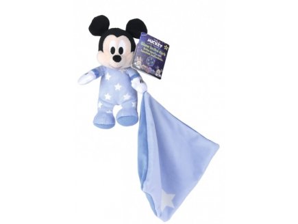 Peluche mickey avec son mouchoir phosphorescente bleu 18 cm Disney - doudou brille dans la nuit - nicotoy