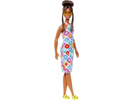 Poupee Barbie Fashionistas noire - Robe avec losanges - Mattel - HJT07
