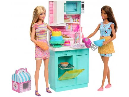 Poupe barbie mtier : la cuisine de barbie avec 18 accessoires + 2 poupes mannequins - Mattel - hjy94