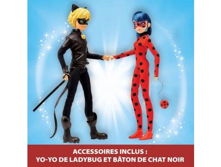 Poupée Miraculous : Ladybug + Chat Noir 26 cm + 2 accessoires - Poupée mannequin articulée - Adrien et Marinette - Bandai - P50365