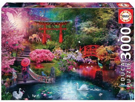 Puzzle jardin japonais : riviere cygnes et paons 3000 pieces - collection paysage japon - Educa 19282