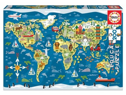 Puzzle mappemonde monuments & animaux 200 pieces - planisphere, carte, geographie - Educa - 19292