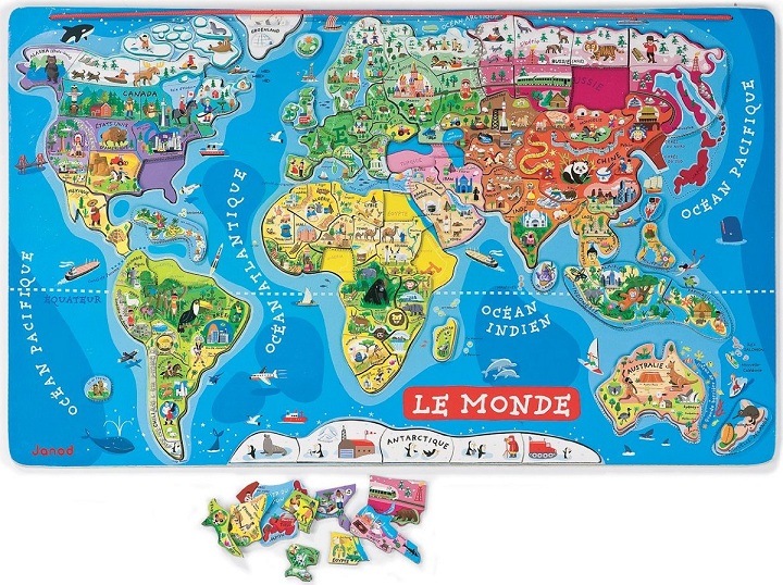 Carte du Monde enfant en Bois (70 x 43 CM) – Puzzle 92 pièces aimantées  Janod –
