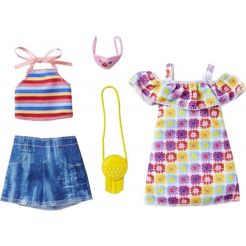 Barbie Fashionistas Kit vêtements de voyage, 2 tenues pour poupée dont  short, robe, top et accesssoires, jouet pour enfant, FXJ68